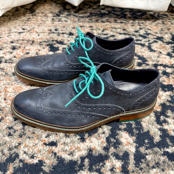 Cole Haan Navy Blue & Turquoise Leather Wingtip Oxford Dress Shoes Men’s Sz 10.5 - Picture 5 of 14